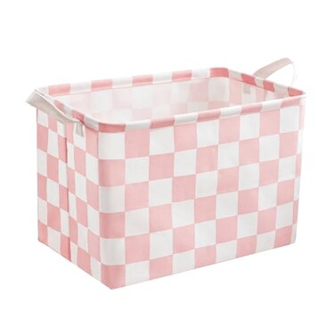Ohocut Pink White Checkered Canvas Basket Rectangular Organizing Decorative Storage Basket for Kids Dog Toy Cute Aesthetic Race Cars Boy Room Decor for Home Kitchen Bedroom Classroom Shelves