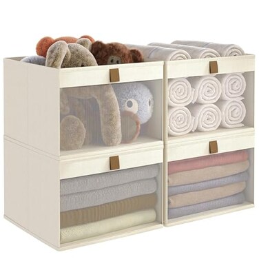 COYACOOL Linen Closet Organizers and Storage Closet Storage Bins Basket Organizer Foldable Organization Baskets with Mesh Window for Clothes Towels and Toys 145 x 145 x 1025 Beige 4 pack