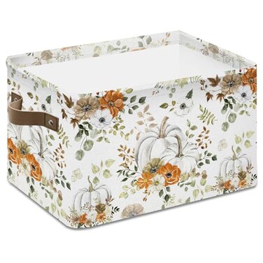 Whaline Fall Storage Basket with Handles Floral Pumpkin Cube Storage Bin Foldable Fabric Container Organizer Box for Autumn Thanksgiving Home Office Dorm Closet Shelf Toy