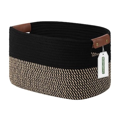 ECDYQXVU Cotton Rope Basket Storage Baskets with Handle 15x10x9 Inch Woven Basket for Shelves Laundry Towels Clothes Books Black Brown 1 Pack