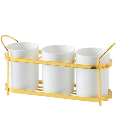 Maxramic 3Piece White Ceramic Silverware Caddy with Golden Metal Rack for Party Countertop Utensil Holder Flatware Caddy Cutlery Storage Organizer for Kitchen Table WhiteGold