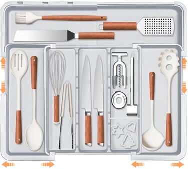 Spaclear Large Utensil Drawer Organizer Expandable Silverware Organizer for Kitchen Drawer Adjustable Cooking Utensil Holder Cutlery Flatware Tray Spatula Tools Gadgets Storage Dividers Plastic Grey