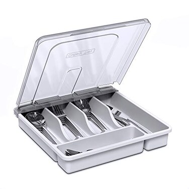 YICOCHI Utensil Holder for Countertop with Lid Plastic Silverware Tray for Drawer 5 Compartments Flatware Organizer White