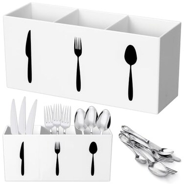 Suzile Acrylic Cutlery Storage Organizer Bin Silverware Caddy Countertop Knife Spoon and Fork Holder Kitchen 3 Section Tableware Storage Box for Cabinet Indoor Home Flatware Dining Room WhiteM