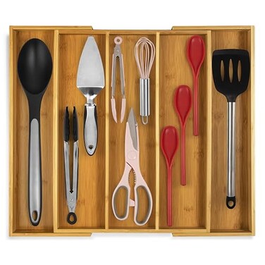 Purawood Kitchen Drawer Organizer Expandable Utensil Drawer Organizer for Kitchen Cutlery Tray Silverware Organizer 35 Slots Bamboo Organizer for Utensils Flatware Natural