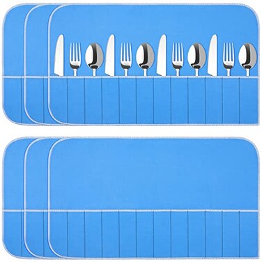 Saintrygo 6 Pieces Silver Storage Bags Anti Tarnish Silver Protector Bags Blue Holder for Silverware Flatware Storage Organizer Cloth Place Setting Roll with White Ribbon for Kitchen Utensils