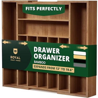 ROYAL CRAFT WOOD Luxury Bamboo Kitchen Drawer Organizer Silverware Organizer Utensil Holder and Cutlery Tray with Grooved Drawer Dividers for Flatware and Kitchen Utensils 9 Slot Brown Bamboo