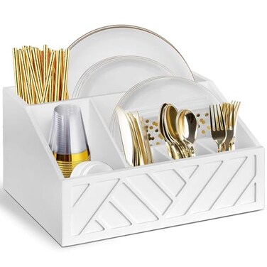 Ukonvi Paper Plate Dispenser Paper Plate Holder for Kitchen Counter Wood Rustic Silverware Utensil Caddy Cutlery Flatware Organizer Box for Cups Spoons Forks Plates Napkins Kitchen Accessories