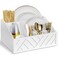 Ukonvi Paper Plate Dispenser Paper Plate Holder for Kitchen Counter Wood Rustic Silverware Utensil Caddy Cutlery Flatware Organizer Box for Cups Spoons Forks Plates Napkins Kitchen Accessories
