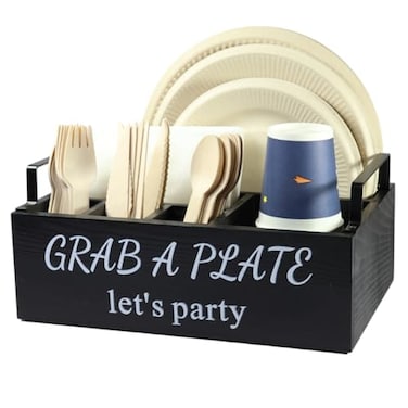 QUALLON Paper Plate Holder Utensil Caddy Organizer Wood Paper Plate Dispenser Silverware Caddy Holder and Disposable Coffee Bar Accessories Box for Kitchen Counter Party Camping Picnic 6 compartment