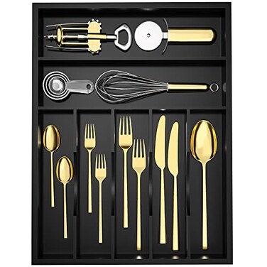 WUSHIZHUHUN Utensil Organizer Silverware Drawer Organizer 7 Slots Bamboo Silverware Tray For Kitchen Cutlery Office Supplies Makeup Desk Storage Garage Tool Organization W13x L17 Black