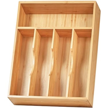 Umilife Kitchen Drawer Organizer 10 Inch Silverware Utensil Tray Holder Extra Deep with NonSlip Feet Grooved Drawer Divider 5 Slots Total Bamboo Wood Caddy for Flatware Cutlery Knives