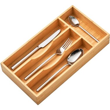 Umilife Bamboo Kitchen Drawer Organizer 7 Inch Silverware Utensils Tray Holder for Small Drawer Wood Caddy for Flatware Cutlery Knives