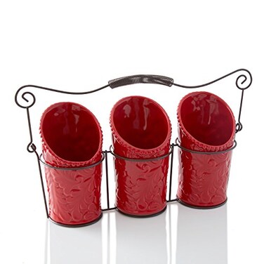 ienjoyware Kitchen Flatware Caddy 3 Ceramic Utensil Holders 4 Dia x 7 H each 1 Wire Caddy Red