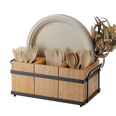 PTSTING Silverware Caddy Wood Utensil Holder Paper Plate Dispenser Silverware Utensil Caddy Cutlery Flatware Organizer Box for Spoons Forks Plates Napkins