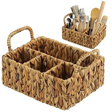 Glenmal Wicker Flatware Storage Basket Utensil Caddy Hand Woven Divided Cutlery Holder Kitchen Utensil Organizer Water Hyacinth Silverware Organizer with Handle for Countertop Party Rectangular