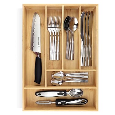 Pristine Bamboo Silverware tray organizer Flatware Utensil Cutlery Silverware Holder for Drawer Small ExtraDeep Wooden Kitchen Drawer Organizer Divider for Spoons Forks Knives cutleries 6Slots