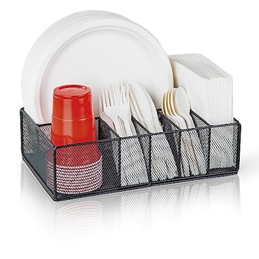 NACIMAX Paper Plate Organizer for Countertop Metal Silverware Caddy for Cup Napkin Fork Spoon Paper Plate and Utensil Holder Cutlery Caddy for Party Camping Picnic Black