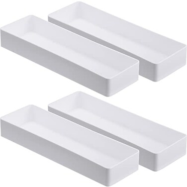 Teling 4 Pack Plastic Drawer Organizer 95 x 3 x 14 Inch Tabletop Organizer Tray Stationery Holder White Half Accessory Tray Stackable Storage Container for Vanity Office Home Utensils Gadgets Shelf Ki