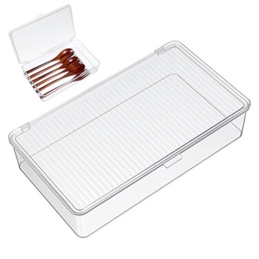 Hemoton Clear Plastic Storage Bin with Lid Small Silverware Organizer with Cover Transparent Kitchen Utensil Drawer Tray for RV Countertop Flatware