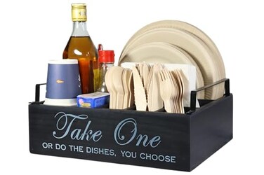 Rehuei Paper Plate Holder Utensil Caddy Organizer Rustic Wood Disposable Plate Dispenser with Handles for Cups Forks Spoons Napkins and Silverware Holders handle paper plate holder