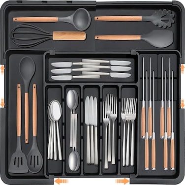 Homecor Silverware Organizer Expandable Large Kitchen Drawer Organizer Utensil Organizer with 2 Removable Knife Blocks 22x 19Cutlery Tray Drawer Dividers for Kitchen Flatware69 Slots Black