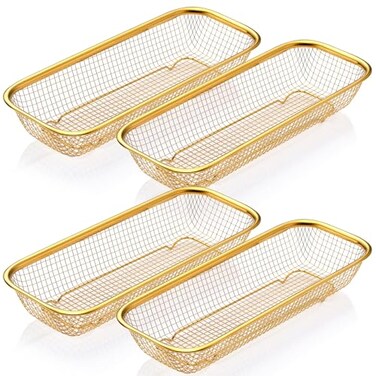 Singhoow 4 Pcs Gold Kitchen Drawer Baskets Stainless Steel Storage Container Mesh Storage Golden Utensil Holder Wire Basket Stackable Drying 12 x 5 x 2 Inch