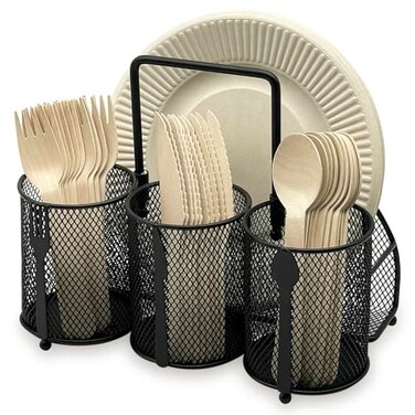 DysanVica Utensil Caddy Silverware Holder 4 Compartment Metal Mesh Cutlery Fork Spoon Napkin Plate Organizer Flatware Storage Basket Party Kitchen Countertop Buffet Picnic Camping Outdoor BBQ Black