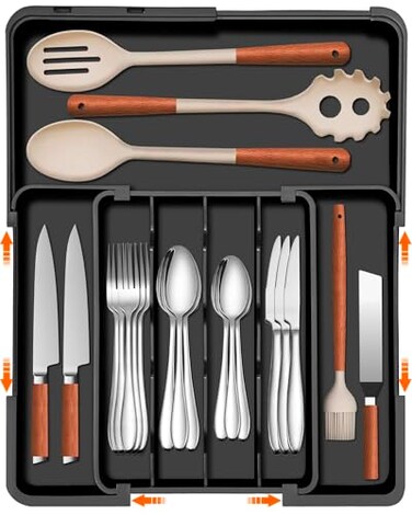Spaclear Silverware Organizer Expandable Kitchen Drawer Organizer Utensil Drawer Organizer Adjustable Plastic Flatware and Cutlery Holder Kitchen Organizers Storage for Forks Knives Black