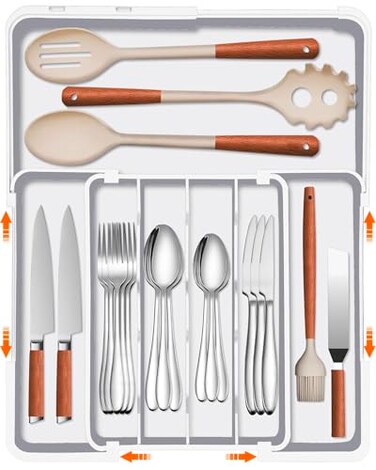 Spaclear Silverware Organizer Extra Deep Expandable Utensil Drawer Organizer 19 x 15 Inch Silverware Tray for Kitchen Drawer with 7 Slots Adjustable Cutlery Tray for Spoons Forks Knives White