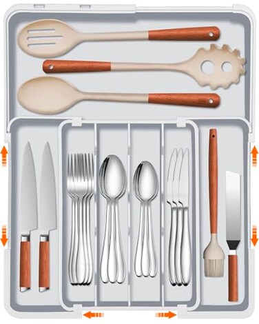 Spaclear Expandable Silverware Drawer Organizer 7 Compartments BPAFree Kitchen Utensil Tray Adjustable 12695 to 19152 Cutlery Drawer Organizer Gray