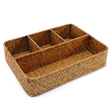 Nonam Wicker Baskets 4Section Tea BagSugar Packet HolderSeagrass Woven Compartment OrganizerStorage Rattan Divided BasketOfficeDesk Baskets for ShelvesPantryCoffee Station OrganizerCountertops