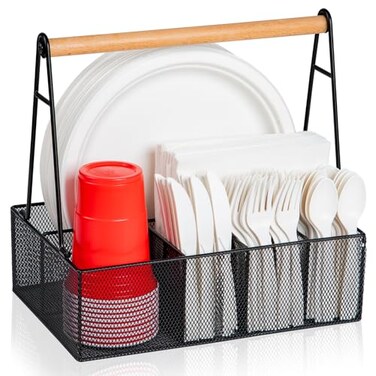 NACIMAX Paper Plate Organizer with Handle for Countertop Metal Silverware Caddy for Cup Napkin Fork and Spoon Paper Plate and Utensil Holder Cutlery Caddy for Party Camping Picnic Black