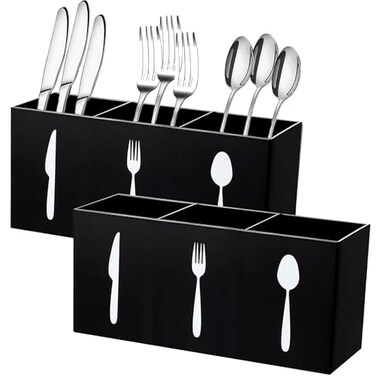 Tirifer 2 Pcs Acrylic Cutlery Storage Organizer Bin Silverware Cutlery Utensil Holder Caddy Knife Spoon and Fork Organizer 3 Section Tableware Storage Box for Kitchen Cabinet Flatware Dining Room Part