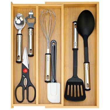 Hilislog Large Bamboo Silverware Drawer Organizer Tray Kitchen Tool Drawer Divider Organizers Storage Expandable Cooking Utensil Organizer Wooden Cutlery Tray Spoon Flatware Organizers Utensil Holder