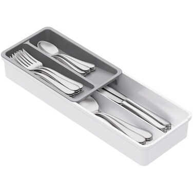Lifewit Compact Silverware Organizer for Kitchen Drawer Narrow Flatware Tray Holder Plastic Cutlery Spoons Forks and Knives Storage WhiteGray 1 Pack