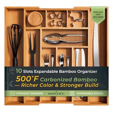 keechee Carbonized Bamboo Kitchen Drawer Organizer 10 Slots Expandable Silverware Organizer Utensil Holder Cutlery Tray 22 Deep for Extra Capacity NonSlip Feet Included