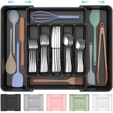 ukeetap Extra Large Expandable Silverware Organizer BPAFree FoodSafe Cutlery Flatware Organizer Kitchen Utensil Drawer Organizer Adjustable Silverware Holder for Spoons Forks Knives Black