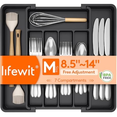 Lifewit Expandable Silverware Organizer Plastic Utensil Tray for Kitchen Drawer BPA Free Flatware Cutlery Holder SpaceSaving Storage for Spoons Forks Knives 8514 x 12 x 15 inch Black