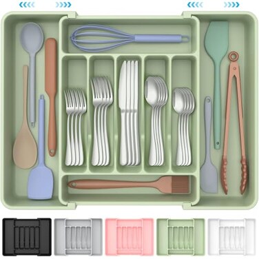 ukeetap Extra Large Expandable Silverware Organizer BPAFree FoodSafe Cutlery Flatware Organizer Kitchen Utensil Drawer Organizer Adjustable Silverware Holder for Spoons Forks Knives Green