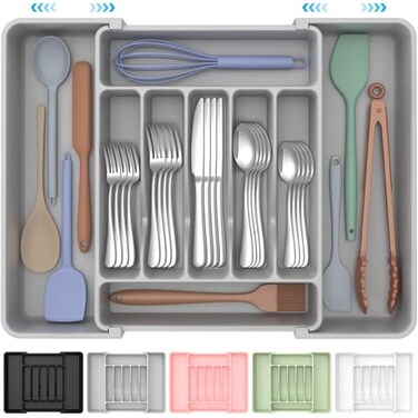 ukeetap Extra Large Expandable Silverware Organizer BPAFree FoodSafe Cutlery Flatware Organizer Kitchen Utensil Drawer Organizer Adjustable Silverware Holder for Spoons Forks Knives Gray
