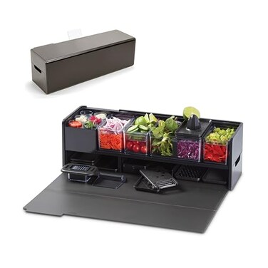 Prepdeck Gen 2 Recipe Prep Storage Station 8 Essential Tools Deluxe Cutting Board 14 Plastic Containers SuperSeal Lids Removable Trash Compartments Tablet Stand Included Midnight Black