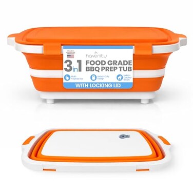 Havenity BBQ Prep Tub 8L Multifunctional Collapsible Camping Cutting Board with Upgraded Locking Lid Meat Storage Container for Meal Prep Dish Basin Bowl Perfect for Grilling Outdoor Large