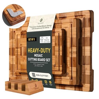 Socisen 3 Pack Heavy Duty Bamboo Cutting Board Set Non Toxic Wooden Cutting Board for Kitchen Non Slip Solid End Grain Thick Wood Juice Groove Chopping Board Extra Large Butcher Block Best House Warmi