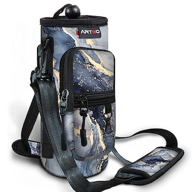 ARTSO Water Bottle Carrier Bag Sling Holder Pouch 25oz 32oz 40oz 64oz Insulated Water Bottle Sleeve Case Cover with Adjustable Shoulder Hand Strap Pocket for Men Women Gilt Dark Blue Marble