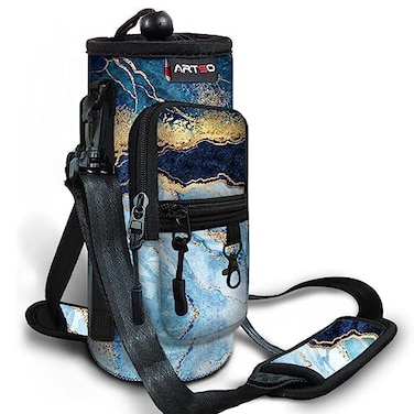 ARTSO Water Bottle Carrier Bag Sling Holder Pouch 25oz 32oz 40oz 64oz Insulated Water Bottle Sleeve Case Cover with Adjustable Shoulder Hand Strap Pocket for Men Women Hiking Camping Blue Marble