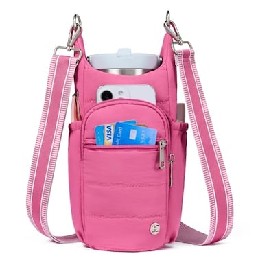 Telena Water Bottle Holder with Strap RFID Crossbody Bags for Women for Walking Hiking Cycling Rose Red