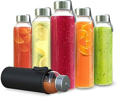 Chef's Star Chefs Star 18 Oz Glass Water Bottles Glass Drinking Bottle with Protection Sleeve Juice Bottles with Stainless Steel Leak Proof Lids Pack of 6