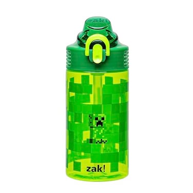 Zak Designs Sage Minecraft Kids Water Bottle For School or Travel 16oz Durable Plastic Water Bottle With Straw Handle and LeakProof PopUp Spout Cover Creeper