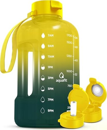 AQUAFIT 64 oz Water Bottle with Time Marker Straw Chug Lid BPA Free Half Gallon Gym Water Bottle with Handle Big Gallon Jug Forest Fade 64 Ounces